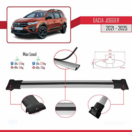 Dacia Jogger 2021 ve Sonrası ile Uyumlu FLY Model Ara Atkı Tavan Barı Gri 2 Adet