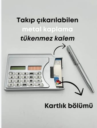 Metal Kaplama Hesap Makineli Kartvizitlik ve Takıp Çıkarılabilir Tükenmez Kalem Seti