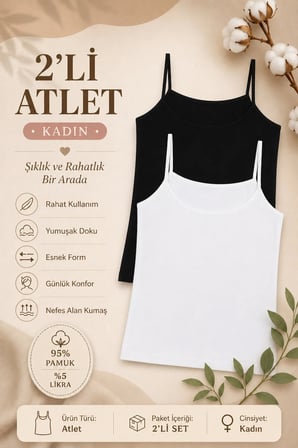 Kadın Atlet İp Askılı 2'li Paket Siyah-Beyaz