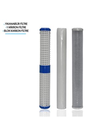 Daire Bina Sayaç Girişi 20" İnc 3 Aşama ( Yıkanabilir , 1m Sediment , Blok ) Yedek Filtre Seti 