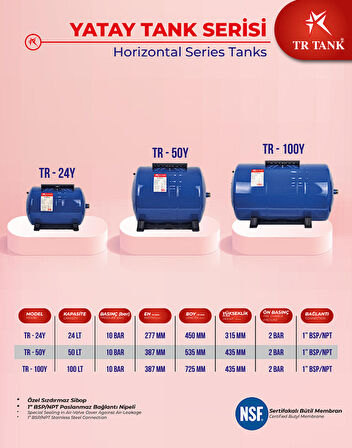 Trtank Profesyonel 50 Litre Yatay Ayaklı Nsf Membranlı Hidrofor Genleşme Tankı