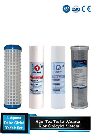 Daire Bina Sayaç Girişi 10" Inc 4 Aşama ( Yıkanabilir,1 Mikron,5 Mikron,Blok ) Yedek Filtre Seti