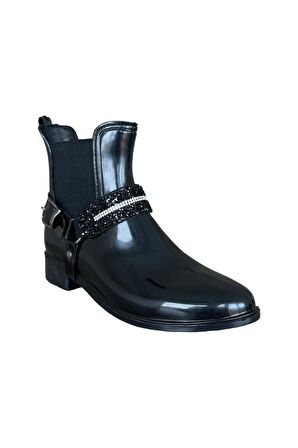 Kemerli Tokalı Kadın Yağmur Botu SİYAH - GÜMÜŞ