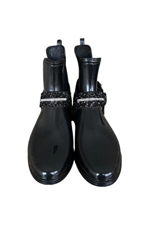 Kemerli Tokalı Kadın Yağmur Botu SİYAH - GÜMÜŞ