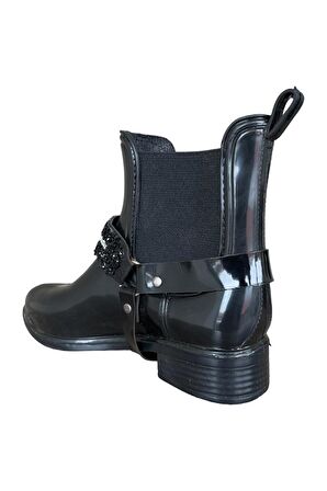 Kemerli Tokalı Kadın Yağmur Botu SİYAH - GÜMÜŞ