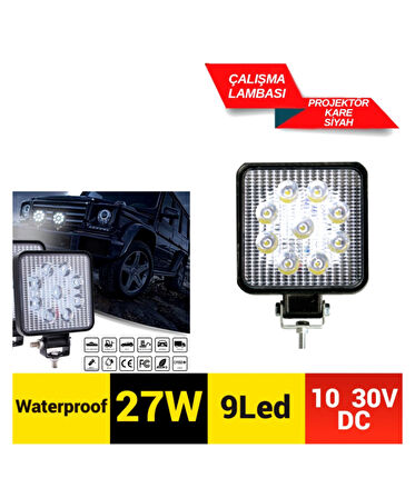 Carub Çalışma Lambası 10-30V 27W Off Road 9 Led Kare Siyah