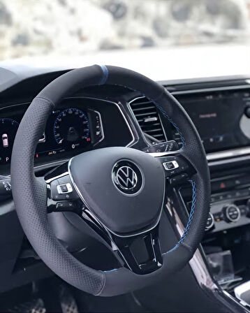 Vw Passat Uyumlu Dikmeli direksiyon Kılıfı Noktalı-Alkantara Mavi Yüzüklü Mavi Ipli