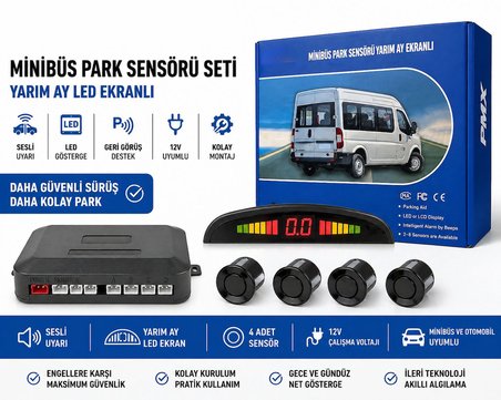 Mega Oto Market Minibüs Uyumlu 22mm Park Sensörü Yarım Ay Dijital Ekranlı Ses İkazlı Mesafe Göstergeli Sistem