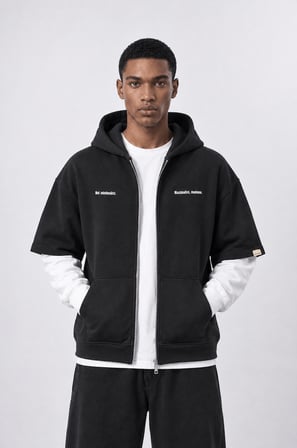 Erkek Not Minimalist Baskılı Double Sleeve Oversize Zip Siyah