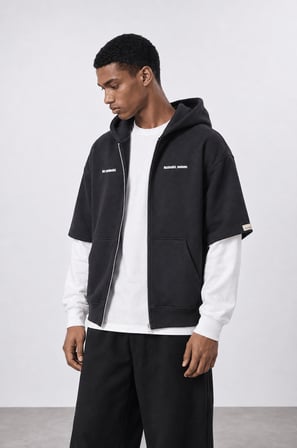 Erkek Not Minimalist Baskılı Double Sleeve Oversize Zip Siyah