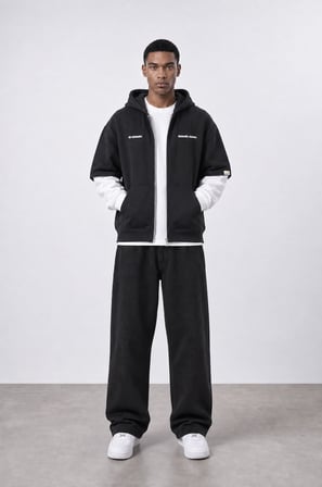 Erkek Not Minimalist Baskılı Double Sleeve Oversize Zip Siyah
