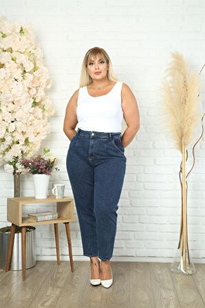 CEDY DENIM Kadın Büyük Beden Pileli Mom Jean Pantolon C600