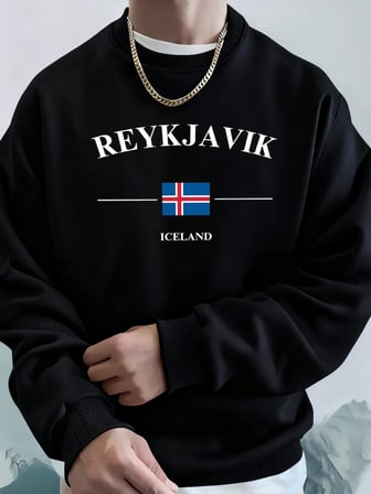 Reykjavik İzlanda Harf ve Bayrak Baskılı Erkek Günlük Sıcak Kapüşonlu Üstler Bisiklet Yaka Yu