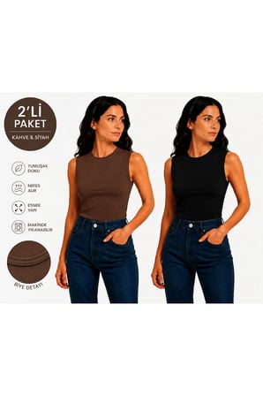bisiklet yaka sıfır kol viskon örme kumaş kadın body 2 li paket