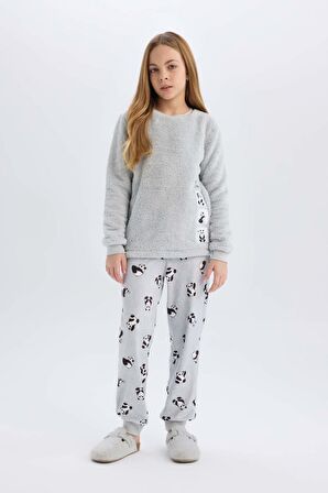 DeFacto Kız Çocuk Pelüş Pijama Takımı Bisiklet Yaka Baskılı Uzun Kollu Üst Beli Lastikli Uzun Alt B1487A824AUGR91