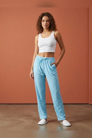 Büyük Beden Tek Alt Pijama Yumuşak Milan Kumaş İpli Bel Mavi Yıldız Geometrik Loungewear Pantolon