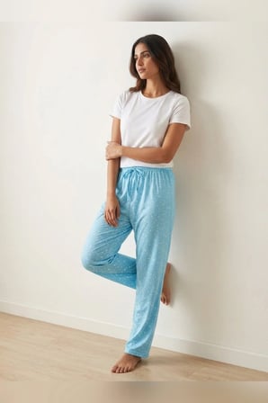 Büyük Beden Tek Alt Pijama Yumuşak Milan Kumaş İpli Bel Mavi Yıldız Geometrik Loungewear Pantolon