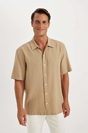 DeFacto Relax Fit Polo Yaka Çizgili Yazlık Keten Kısa Kollu Gömlek C1111AX24SMBG674