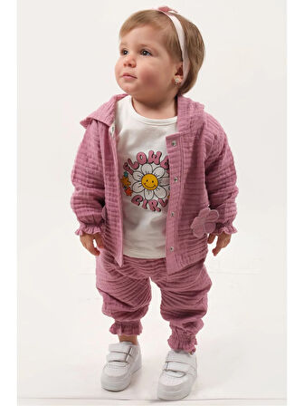 Pastel Renkli Müslin 3'lü Bebek Takımı (9-12-18 Ay) %100 Pamuklu Hırkalı Kız Bebek Seti