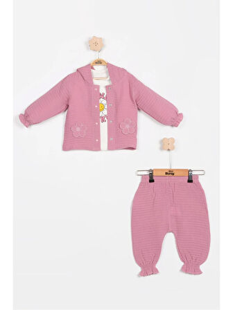 Pastel Renkli Müslin 3'lü Bebek Takımı (9-12-18 Ay) %100 Pamuklu Hırkalı Kız Bebek Seti