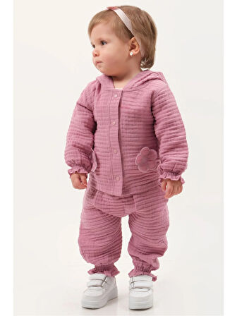 Pastel Renkli Müslin 3'lü Bebek Takımı (9-12-18 Ay) %100 Pamuklu Hırkalı Kız Bebek Seti