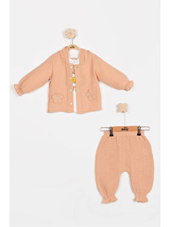 Pastel Renkli Müslin 3'lü Bebek Takımı (9-12-18 Ay) %100 Pamuklu Hırkalı Kız Bebek Seti