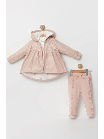 3'lü Gül Nakışlı Kız Bebek Takımı Su Geçirmez Yağmurluk & Pamuklu İçlik