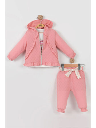 3'lü Fırfırlı Kız Bebek Takımı (Hırka + Üst + Alt) - 9-18 Ay