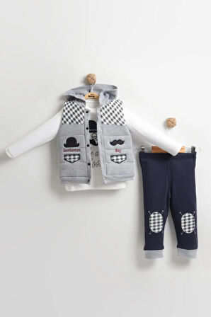 Erkek Bebek Bıyıklı Şişme Yelek 3'lü Takım (6-12 Ay) Pamuklu