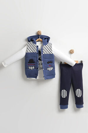 Erkek Bebek Bıyıklı Şişme Yelek 3'lü Takım (6-12 Ay) Pamuklu