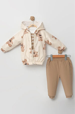 Erkek Bebek Yağmurluklu Ayı Baskılı 3'lü Takım (9-24 Ay) Pamuk