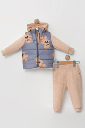 Erkek Bebek Mikro Şişme Yelekli Ayı Baskılı 3'lü Takım (9-12-18 Ay)