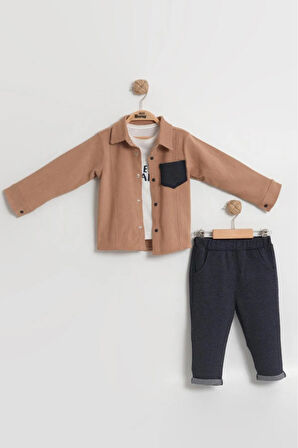 Erkek Bebek Kadife Gömlekli 3'lü Takım (9-12-18 Ay) Renk Seçenekli