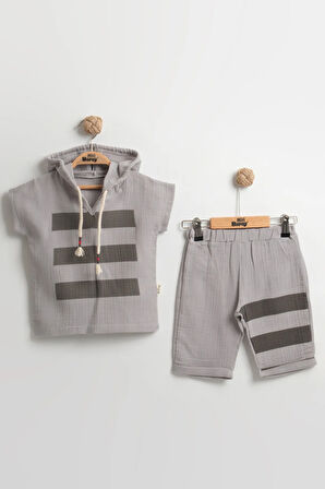 Erkek Çocuk Çizgili Kapüşonlu Müslin Yazlık Takım (2-3-4-5 Yaş) Yumuşak