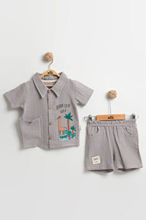 Erkek Bebek Zürafa Baskılı Cepli Yazlık Takım (9-12-18 Ay) Organik Pamuk