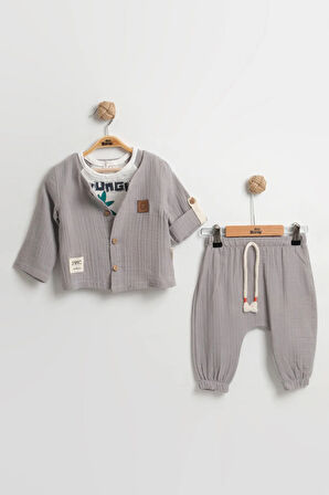 Erkek Bebek Zürafa Desenli 3'lü Takım (Gömlek+Tişört+Şort) Müslin