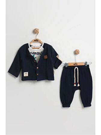 Zürafa Desenli 3'lü Erkek Bebek Takımı 9-12-18 Ay - Uzun Kollu Gömlek+Tişört+Müslin Şort Set