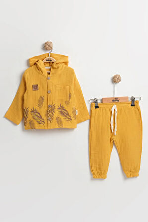 Erkek Bebek Yaprak Baskılı Uzun Kollu Gömlek Takımı (9-12-18 Ay) Pamuk