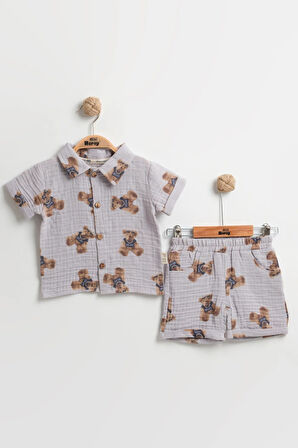 Erkek Bebek Ayıcık Baskılı Şortlu Takım (9-12-18 Ay) Organik Müslin