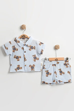 Erkek Bebek Ayıcık Baskılı Şortlu Takım (9-12-18 Ay) Organik Müslin