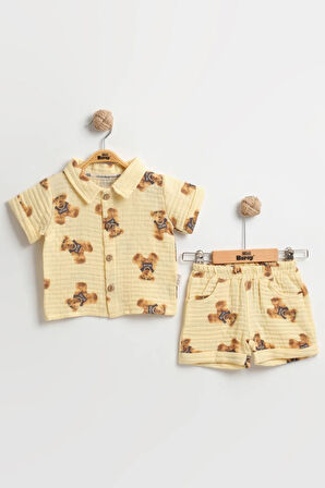 Erkek Bebek Ayıcık Baskılı Şortlu Takım (9-12-18 Ay) Organik Müslin