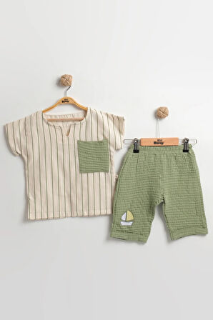 Erkek Çocuk Çizgili Keten Gömlek & Şort Takım (2-3-4-5 Yaş) Müslin