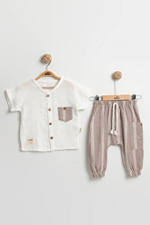 Erkek Bebek Cepli Çizgili Pantolonlu Takım (9-12-18 Ay) Organik