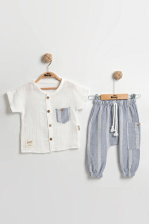 Erkek Bebek Cepli Çizgili Pantolonlu Takım (9-12-18 Ay) Organik