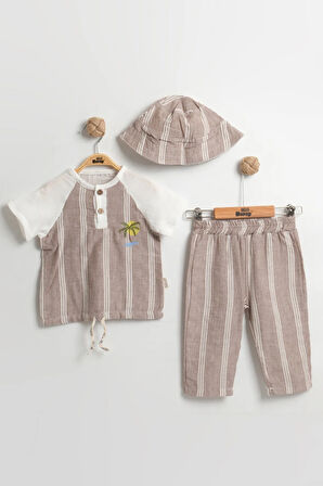 Erkek Bebek Şapkalı 3'lü Çizgili Takım (Body+Şort+Şapka) Müslin