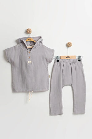Erkek Çocuk Kapüşonlu Müslin Yazlık Takım (2-3-4-5 Yaş) Ultra Yumuşak