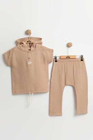 Erkek Çocuk Kapüşonlu Müslin Yazlık Takım (2-3-4-5 Yaş) Ultra Yumuşak