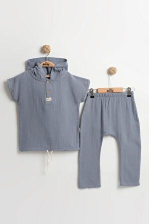 Erkek Çocuk Kapüşonlu Müslin Yazlık Takım (2-3-4-5 Yaş) Ultra Yumuşak