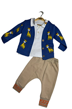 Erkek Bebek Zürafa Baskılı Ceketli 3'lü Takım Seti (9-12-18 Ay)