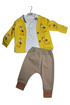 Erkek Bebek Zürafa Baskılı Ceketli 3'lü Takım Seti (9-12-18 Ay)